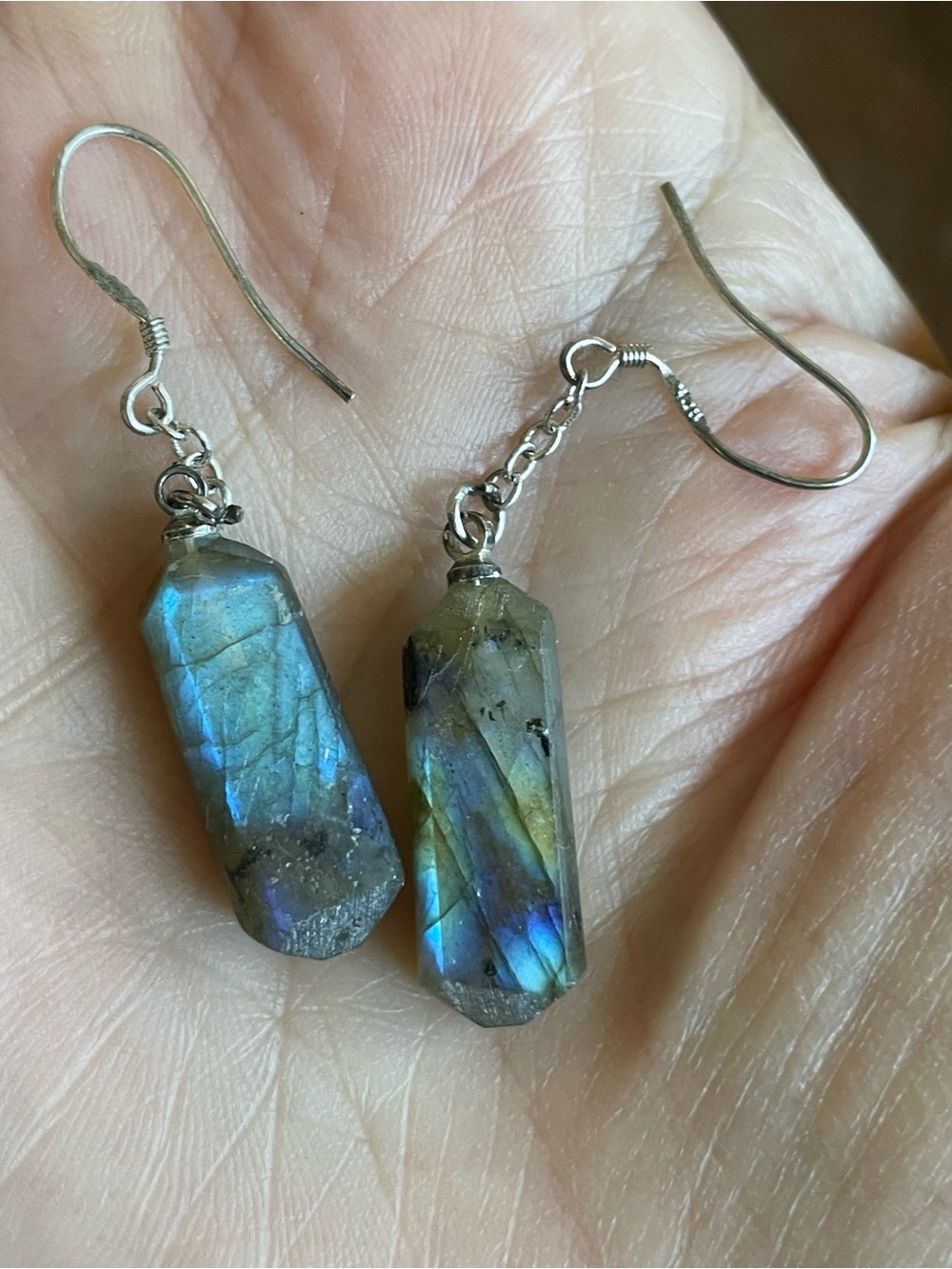 Handmade Labradorite Drop Dangle Earrings in Blue-Green shepherd hook 925